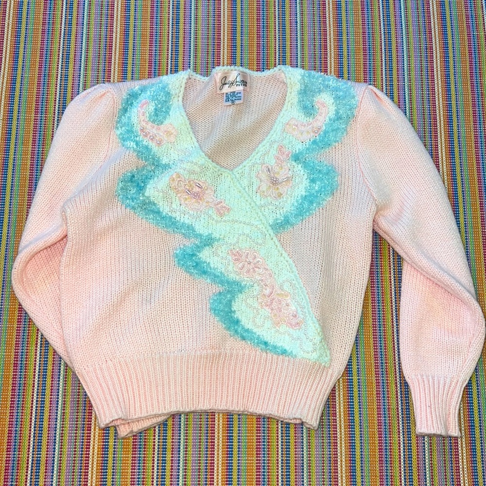1980s / 1990s Vintage Jaclyn smith Pink Sweater w Puff Sleeves Petite M EUC